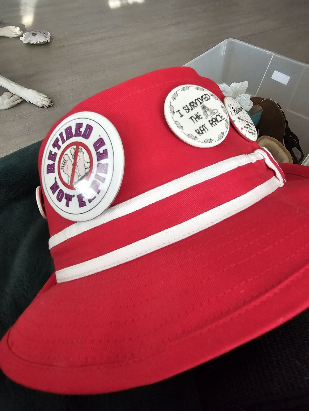 Vtg 1992 Laid Back Retired But Rehired Red Bucket Hat Funny Pins Retirement Gift